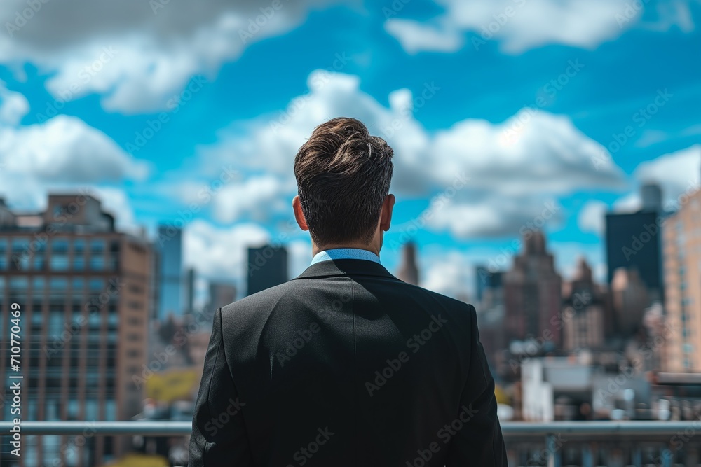 A businessman behind looking for town and blue-sky clouds on building top views. A businessman behind looking for town and blue-sky clouds on building top views.