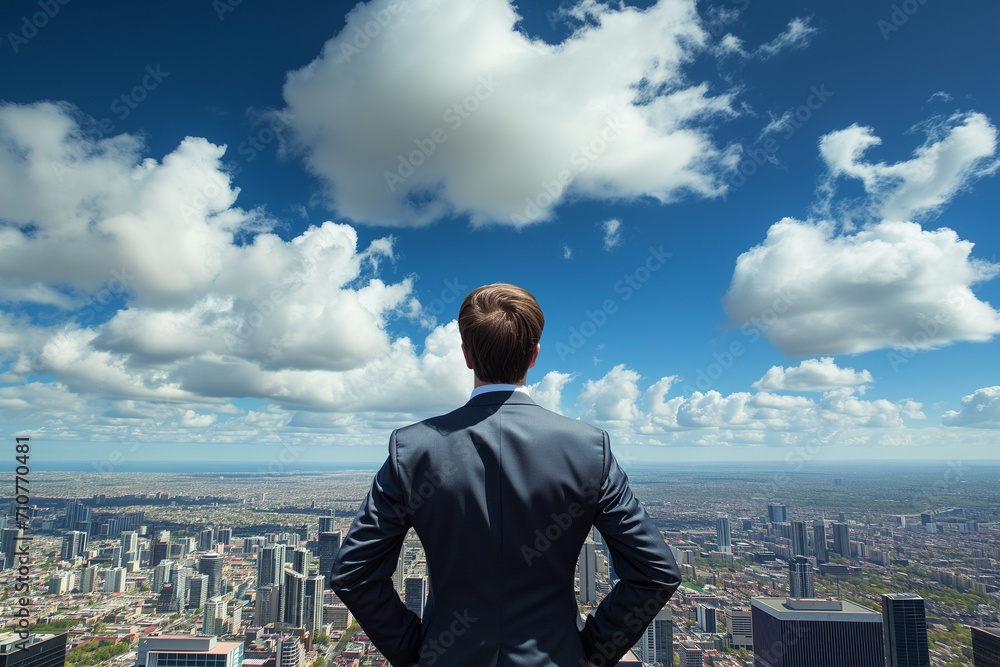 A businessman behind looking for town and blue-sky clouds on building top views.