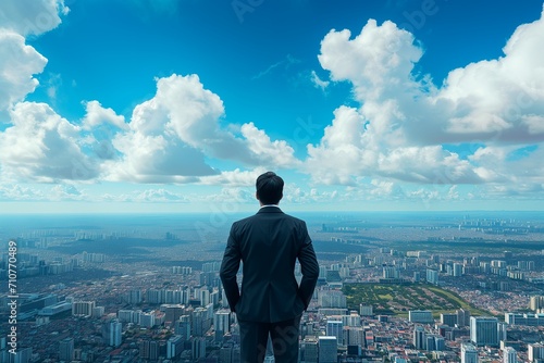 A businessman behind looking for town and blue-sky clouds on building top views.