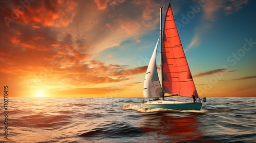  a sailboat in the middle of a body of water with the sun setting in the background and clouds in the sky.