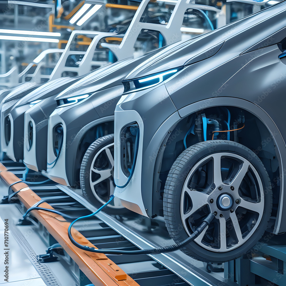 Obraz premium Robotic assembly line in an automotive factory - generated by ai