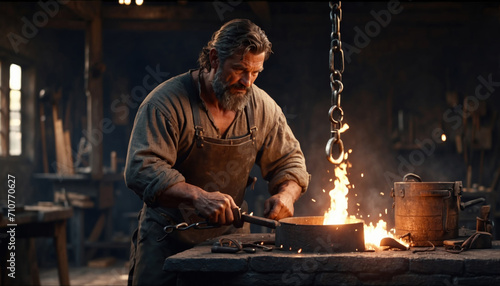 Mature man blacksmith working. AI generated photo