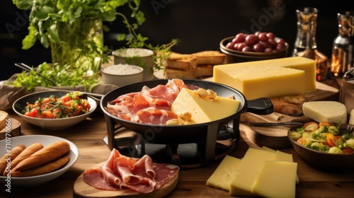  a variety of cheeses, meats, and breads are arranged on a table with a variety of meats and cheeses.