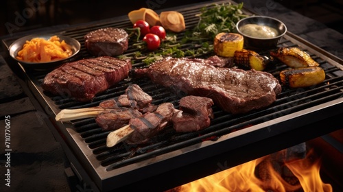  a bbq grill with steak, potatoes, and other foods cooking on it and a fire in the background.
