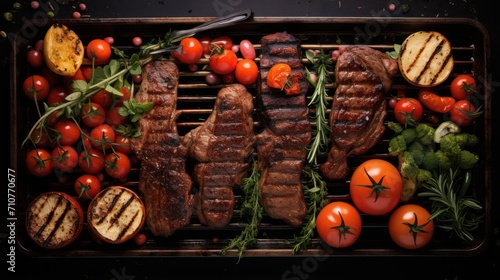  a grill with steak, tomatoes, broccoli, tomatoes, and other food items on top of it.