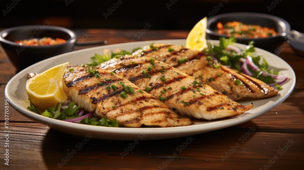  a plate of grilled fish with a side of salad and a side of lemon wedges on a wooden table.
