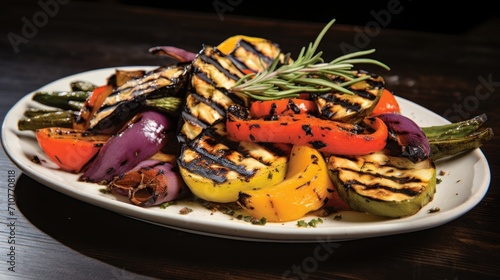  a white plate topped with grilled vegetables on top of a wooden table next to a bottle of wine and a glass of wine.