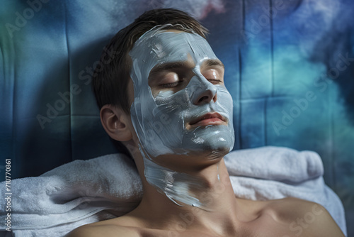 Man with face mask mask, in the style of delicate washes, photorealistic pastiche, post-internet aesthetics, contemporary diy, youthful, cut/ripped, beige

 photo