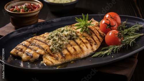  a close up of a fish on a plate with tomatoes and a bowl of salad on the side of the plate.