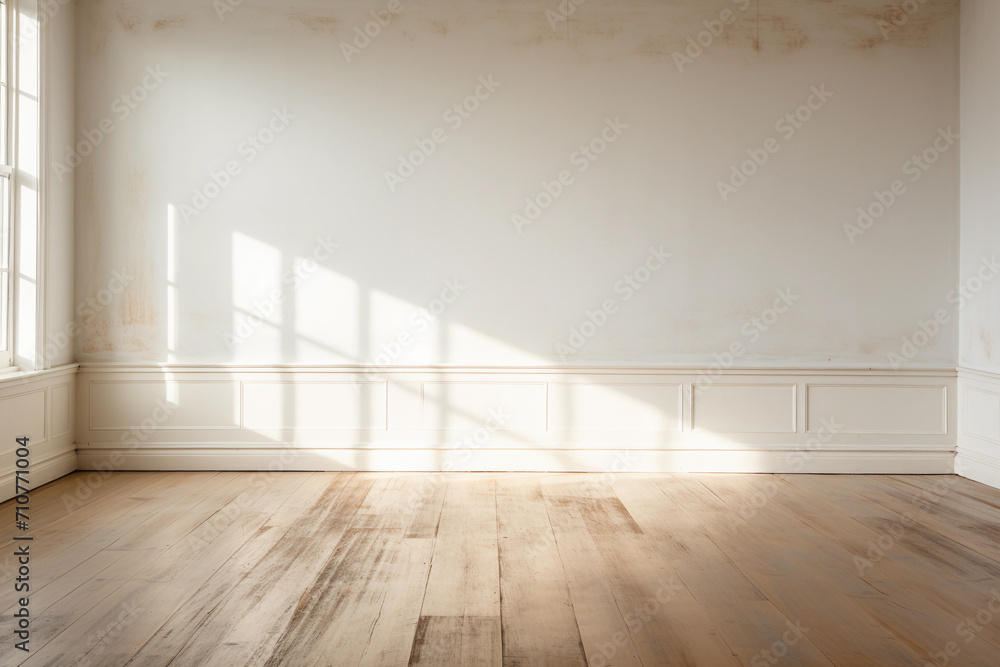 empty white room with wooden floor and light wall. a shadow from the window falls on the wall 