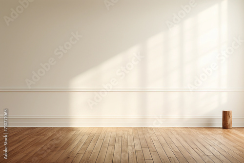 empty white room with wooden floor and light wall. a shadow from the window falls on the wall 