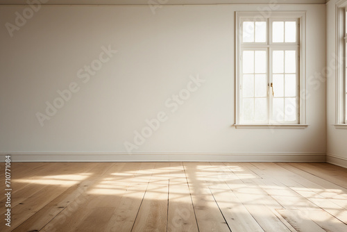 empty white room with wooden floor and light wall. a shadow from the window falls on the wall 