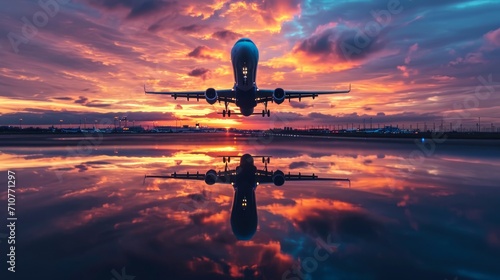 Airplane Takes Off in the Reflection of the Airport Against Sunrise photo