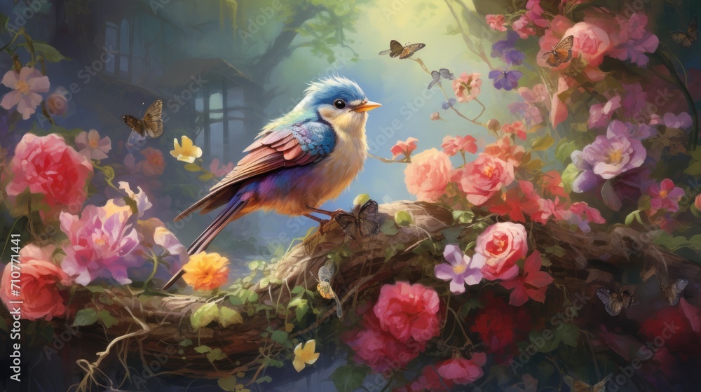 a painting of a bird sitting on a branch of a tree with pink and yellow flowers in the foreground. a painting of a bird sitting on a branch of a tree with pink and yellow flowers in the foreground.