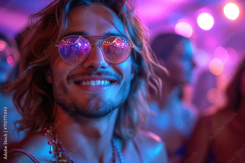 Happy handsome young man dancing at a nightclub party, disco guy having fun at a music festival Happy handsome young man dancing at a nightclub party, disco guy having fun at a music festival