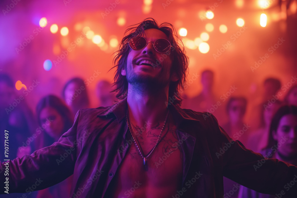 Happy handsome young man dancing at a nightclub party, disco guy having fun at a music festival Happy handsome young man dancing at a nightclub party, disco guy having fun at a music festival