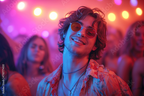 Happy handsome young man dancing at a nightclub party, disco guy having fun at a music festival photo
