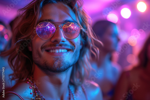 Happy handsome young man dancing at a nightclub party, disco guy having fun at a music festival