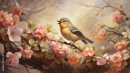  a painting of a bird sitting on a branch of a tree with pink flowers in the foreground and a butterfly in the background. © Anna