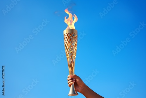 A hand holds the Olympic flame against a blue sky background, a torch in his hand, a symbol of the international sports games
