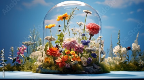  a glass dome filled with lots of flowers on top of a field of green grass and white and yellow flowers.