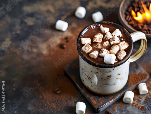 Hot chocolate with marshmallows and cinnamon on a wooden background.