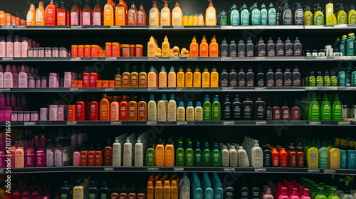 Counter in a store with bottles of shampoo