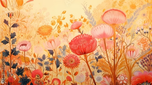  a painting of a field of flowers on a yellow background with red, pink, yellow, and blue flowers.