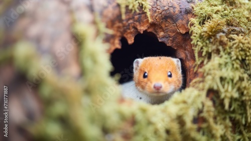  a small hamster peeks out of a hole in a mossy tree trunk with its eyes wide open.