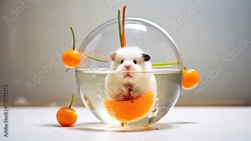  a hamster sitting inside of a bowl of water with cherries on the side of the bowl and a cherry on the side of the bowl.