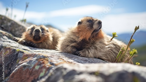  a couple of animals sitting on top of a rocky cliff next to each other on a sunny day with a blue sky in the background. photo