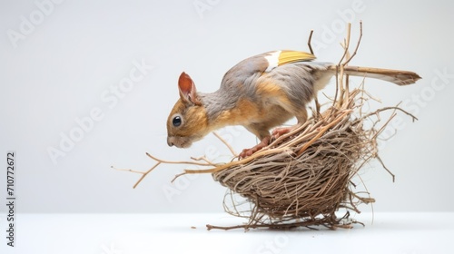  a squirrel sitting on top of a bird's nest with a squirrel's head sticking out of it.