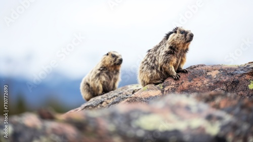  a couple of small animals sitting on top of a large rock next to each other on top of a mountain. © Anna