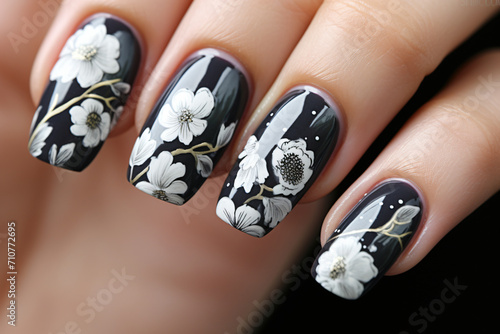Best black and white floral nail art, in the style of close-up, graphic illustration, high detailed, exotic, naturalistic proportions, high contrast, close up photo