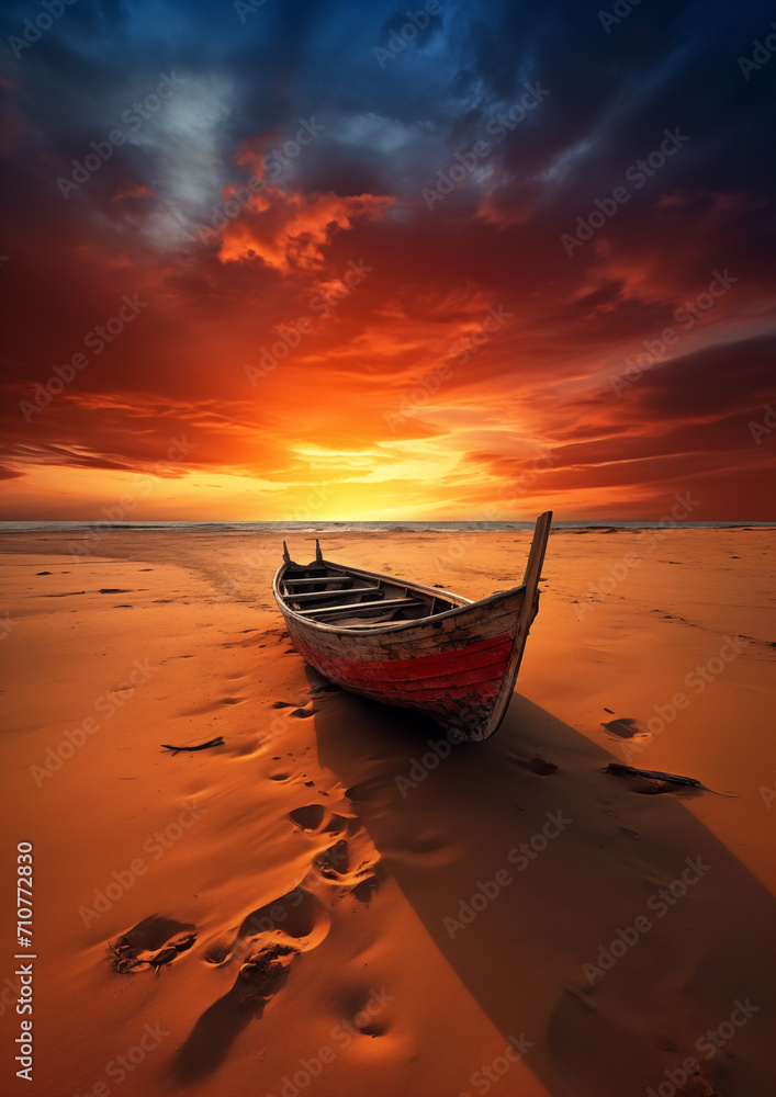 Tranquil Scene of a Small Boat Floating on the Sandy Beach