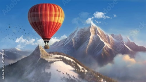 A hot air balloon over snowy mountains with a clear sky in the background seamless looping 4k time-lapse animation video background photo