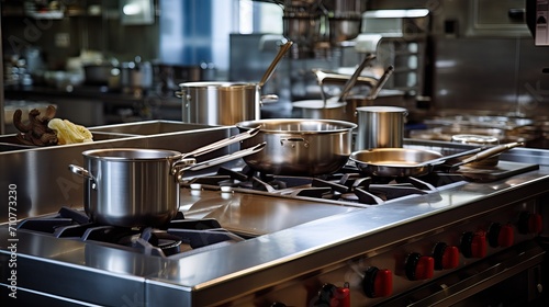 Industrial Kitchen Scene: Stainless Steel Pots on Stove