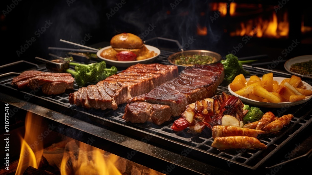 a bbq grill with steak, potatoes, and other foods on it and a fire burning in the background. a bbq grill with steak, potatoes, and other foods on it and a fire burning in the background.