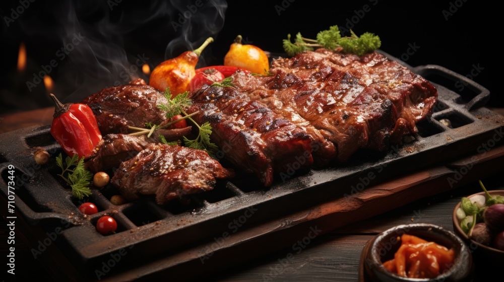  a close up of meat on a grill with a bowl of vegetables and a bowl of fruit in the background.
