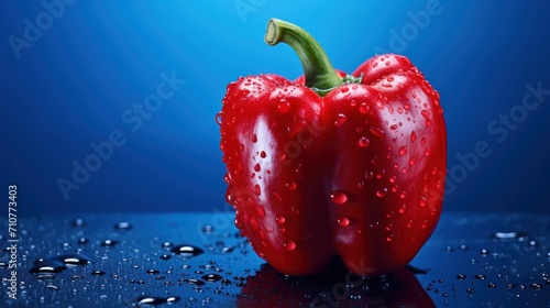  a close up of a red pepper on a table with water droplets on the surface and a blue back ground.