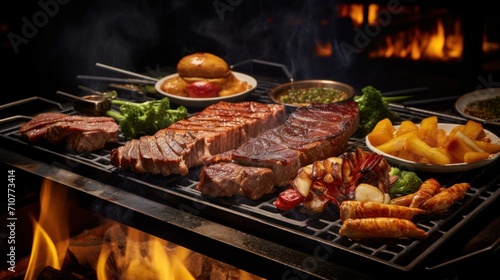 a bbq grill with steak, potatoes, and other foods on it and a fire burning in the background.