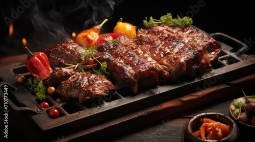  a close up of meat on a grill with a bowl of vegetables and a bowl of fruit in the background.