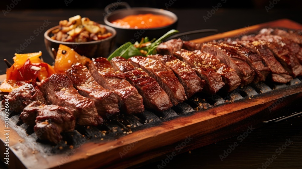 a close up of a plate of food with meat and veggies on a wooden tray on a table. a close up of a plate of food with meat and veggies on a wooden tray on a table.