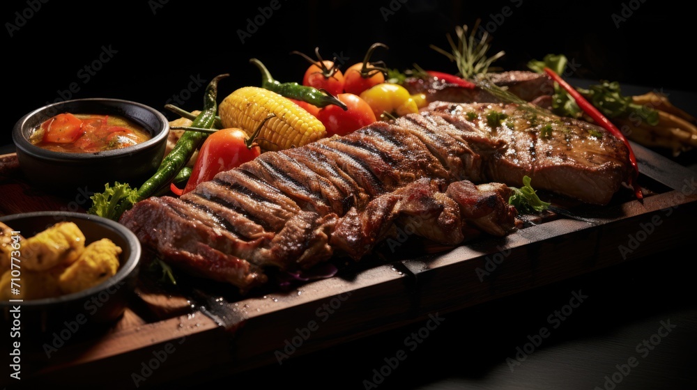  a wooden cutting board topped with meat and veggies next to bowls of dipping sauces and a corn on the cob.