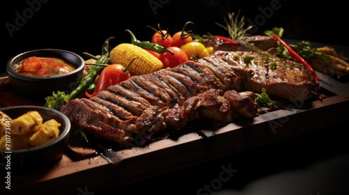  a wooden cutting board topped with meat and veggies next to bowls of dipping sauces and a corn on the cob.