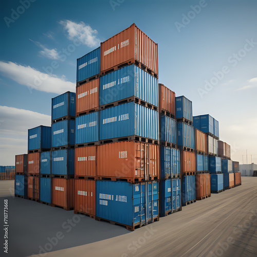 Stack of blue container boxes with sky background. Cargo freight shipping for import and export logistics - generated by ai