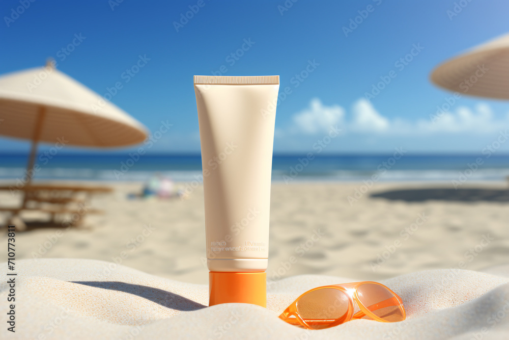 A sunscreen tube sitting on the beach with sunglasses, in the style of photo-realistic landscapes, dark yellow and light beige

