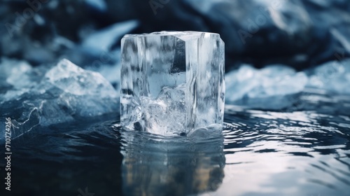  a block of ice floating on top of a body of water next to rocks and a mountain in the background.