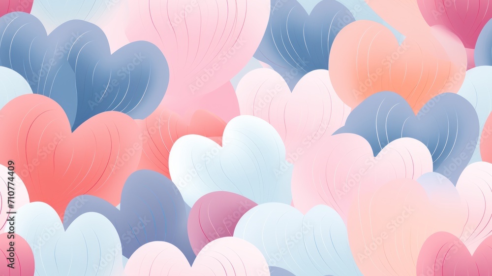  a large group of heart shaped balloons in pink, blue, red and white colors on a blue and pink background.