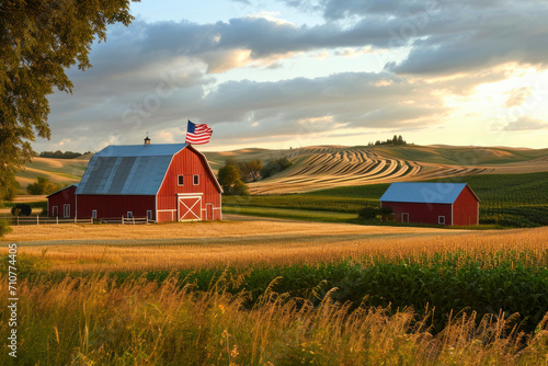 American heartland agriculture, a picturesque image featuring vast fields, red barns, and an American flag against a backdrop of rolling hills. photo